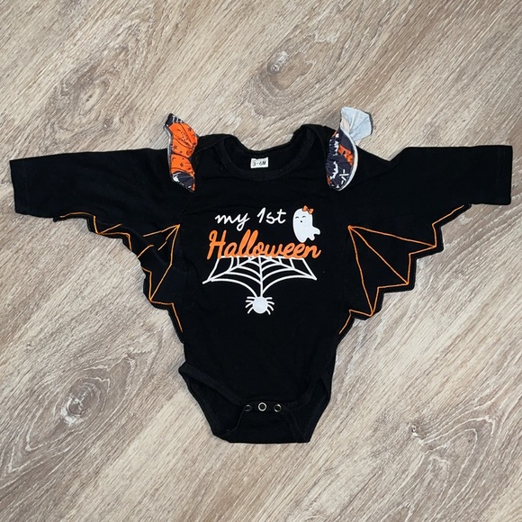 Baby Girl First Black Bat Skull Orange Pumpkin Fall Outfit 3-6M - Picture 2 of 8
